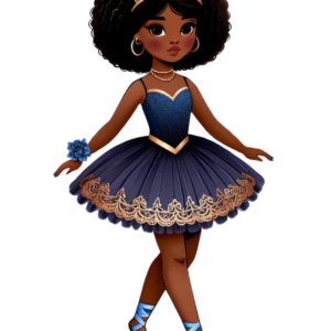 African American paper doll named Halle, wearing a navy blue and gold ballet outfit, with curly afro hair. This diverse toy encourages creative play and cultural representation.