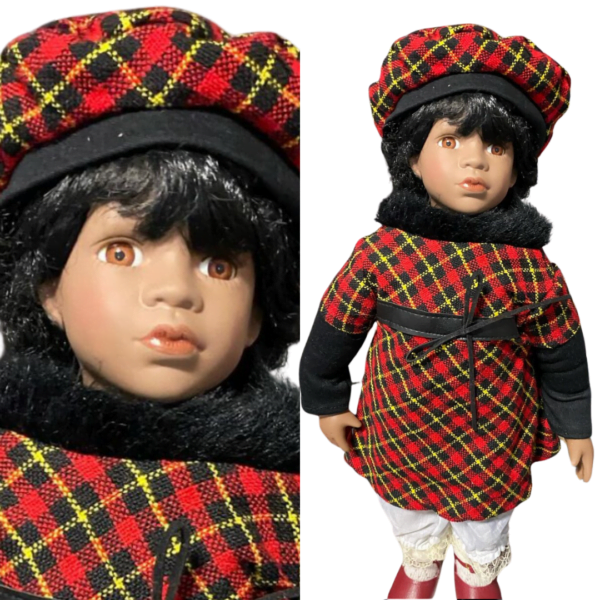 Harper, a porcelain collector's doll, stands confidently in her plaid ensemble, exuding elegance and charm.