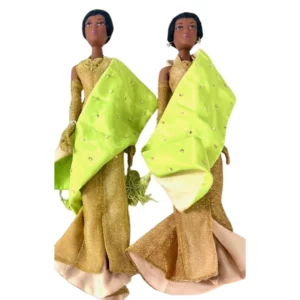 Madame Alexander Paris Williams Alex Doll, African American 16" figure with black short wig, wearing glittering gold jumpsuit and lime green shawl with beadwork accents.