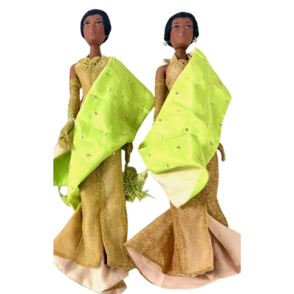 Madame Alexander Paris Williams Alex Doll, African American 16" figure with black short wig, wearing glittering gold jumpsuit and lime green shawl with beadwork accents.