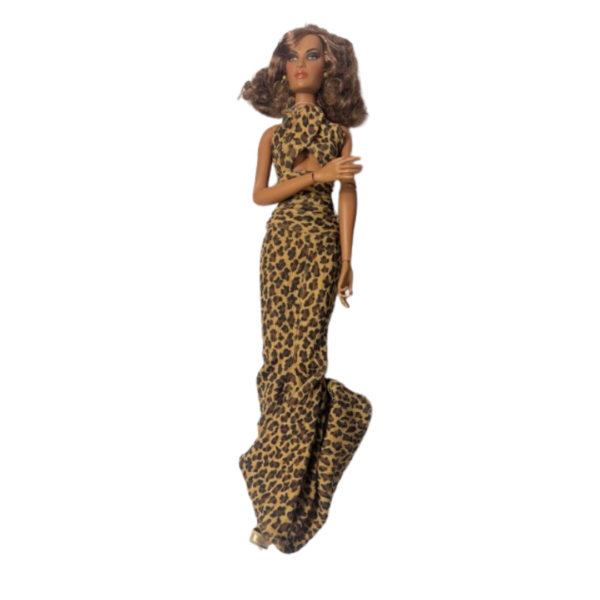 Integrity fashion doll Vanessa in a leopard print gown with flowing brunette hair