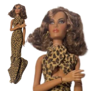 Integrity fashion doll Vanessa in a leopard print gown with flowing brunette hair