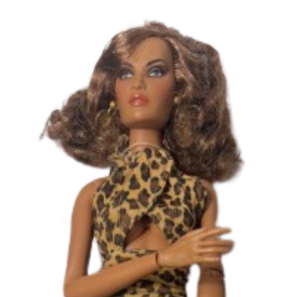 Integrity fashion doll Vanessa in a leopard print gown with flowing brunette hair