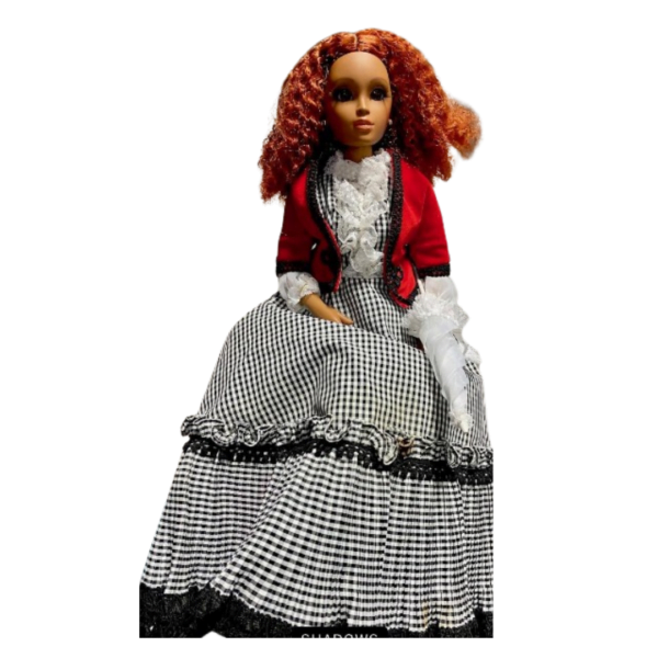 Lorifina 2009 Hasbro collectible doll with red jacket and checkered dress, wavy red wig, and articulated pose